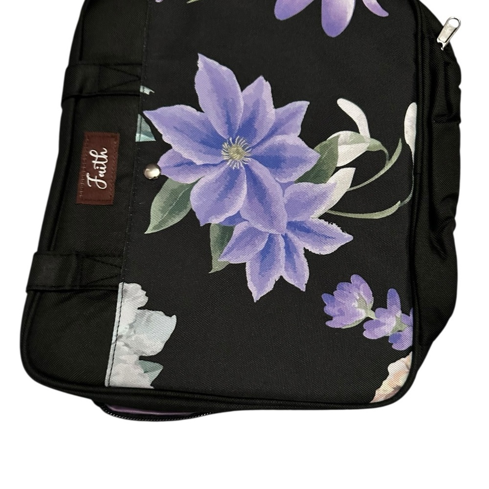 Faith Floral Black Tote Bag with Purple Flowers